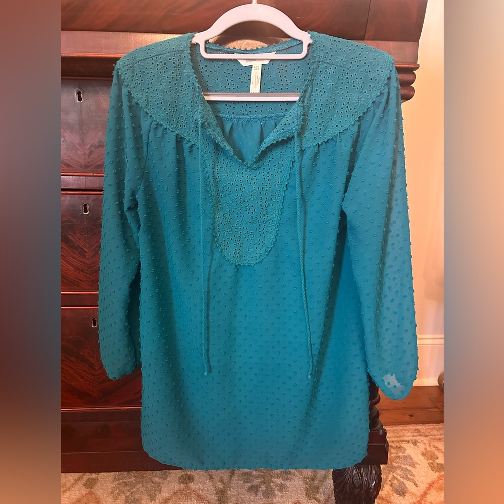 Matilda Jane Teal Eyelet and Swiss Dot Blouse